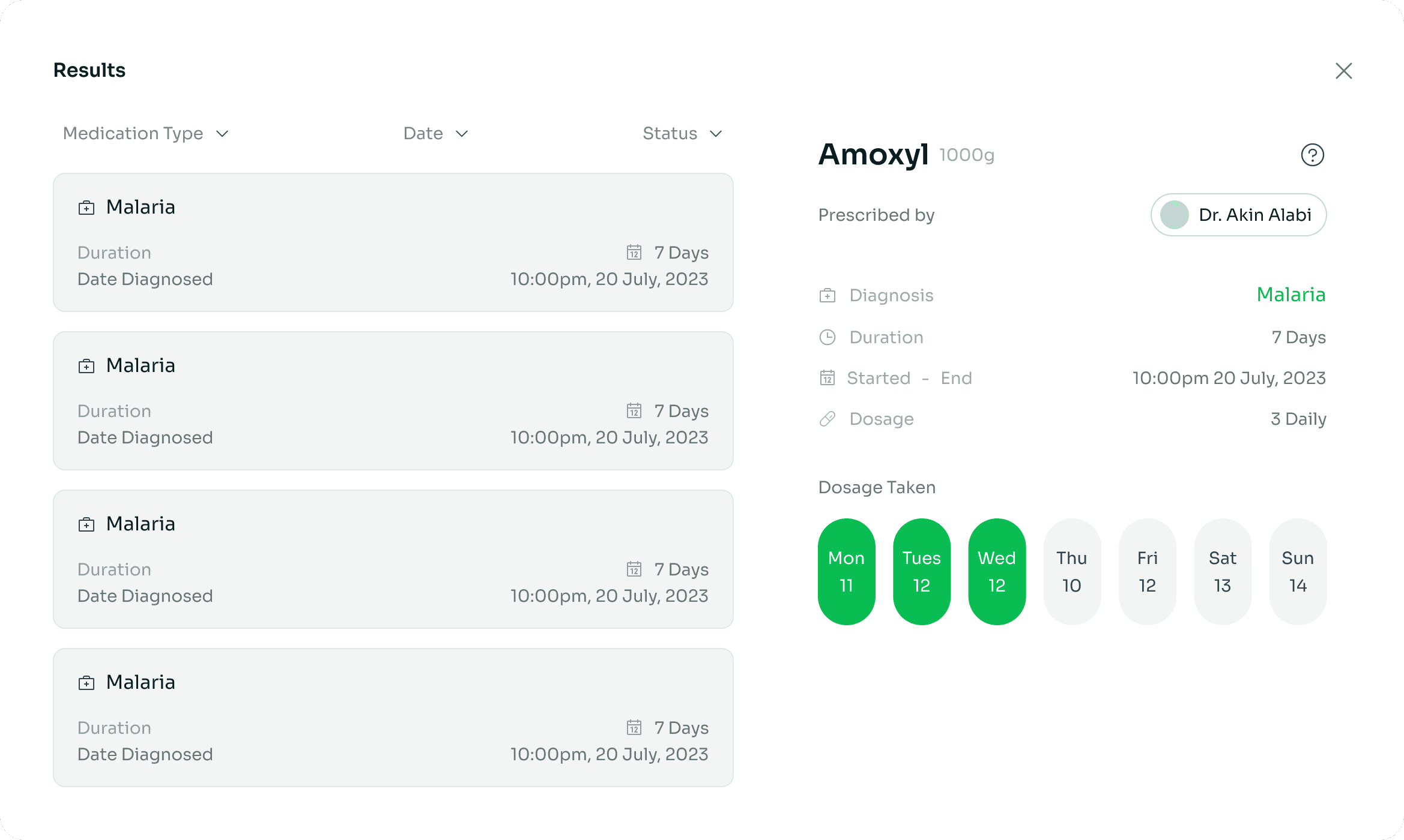 Elera laboratory results panel showing medication tracking, diagnosis details and dosage calendar